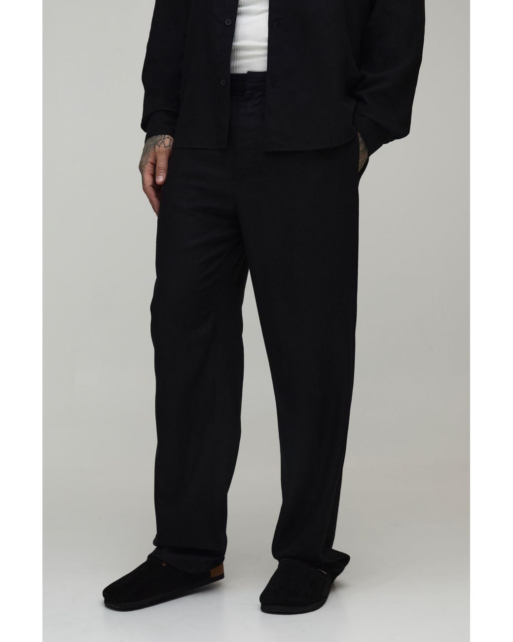 BoohooMAN Black Tall Half & Waist Relaxed Fit Linen Blend Trouser for men