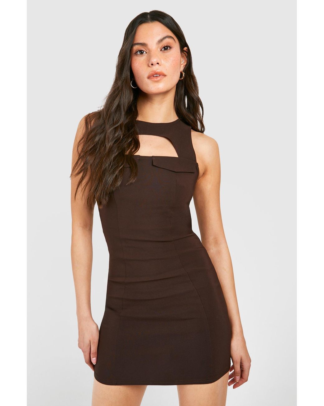 Boohoo Brown Cut Out Detail Bengaline Mini Dress