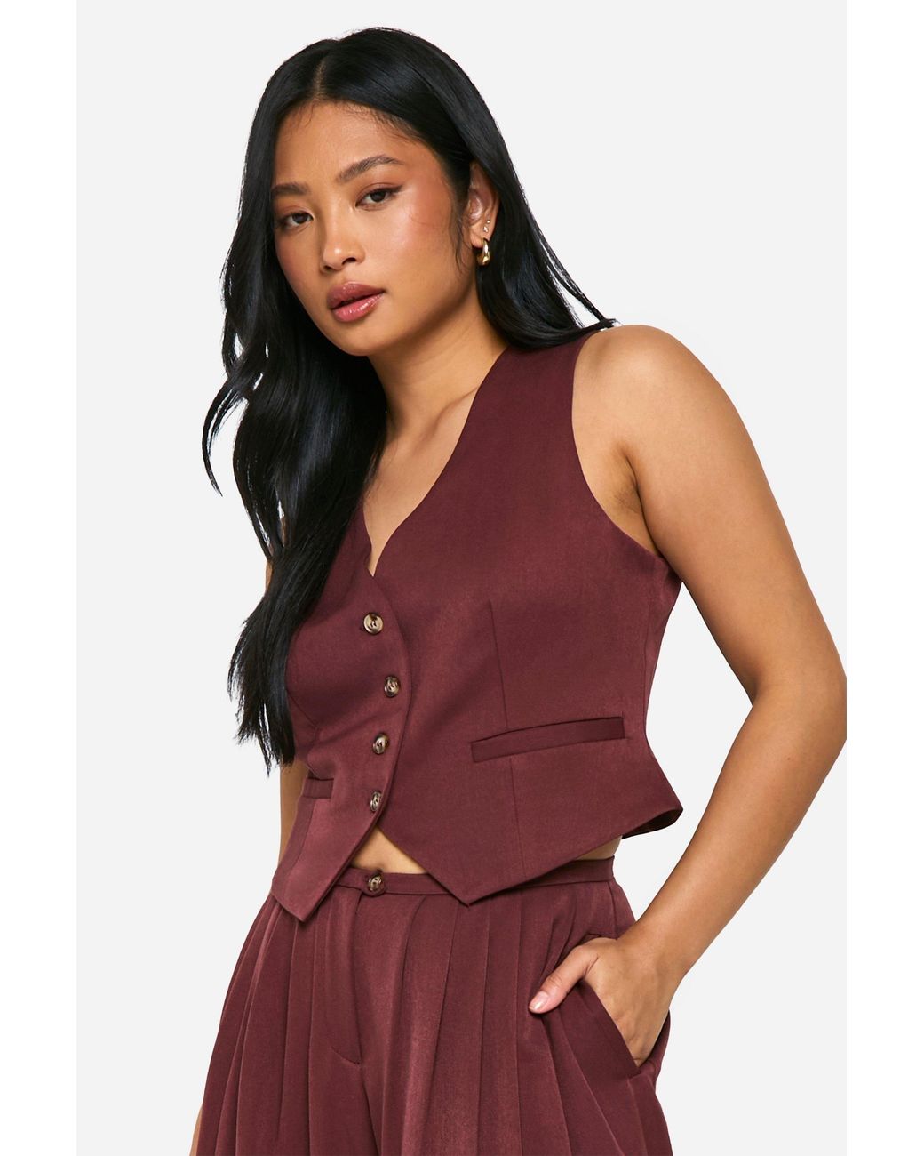 Boohoo Red Petite Mock Horn Button Fitted Waistcoat