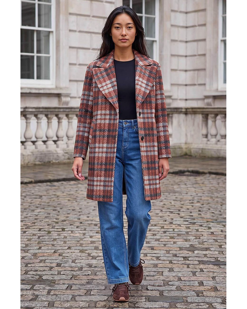 Roman Brown Petite Check Single Breasted Coat