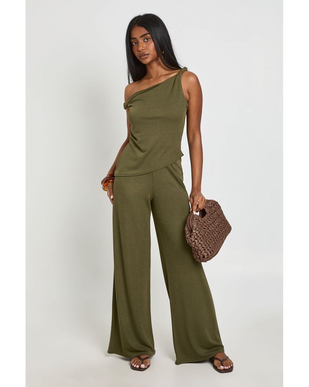 Boohoo Green Crepe Off The Shoulder Wide Leg Co Ord