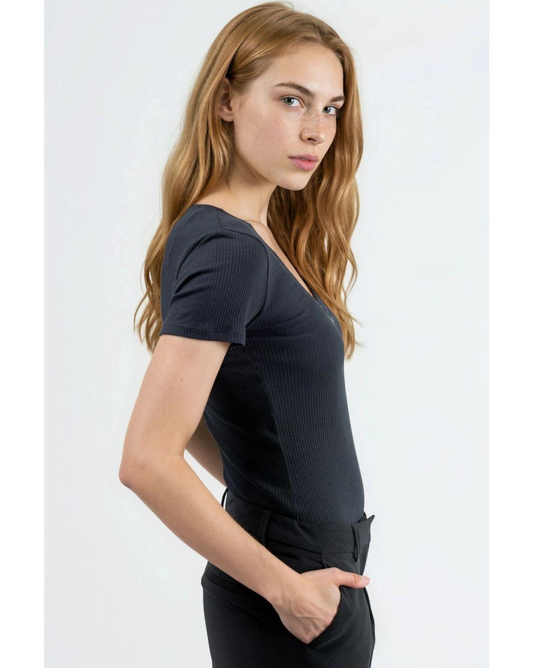 Busem Black V-Neck Blouse With Lace Detail