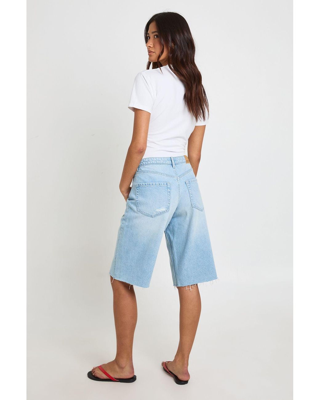 Boohoo Blue Mid Waist Ripped Denim Jorts