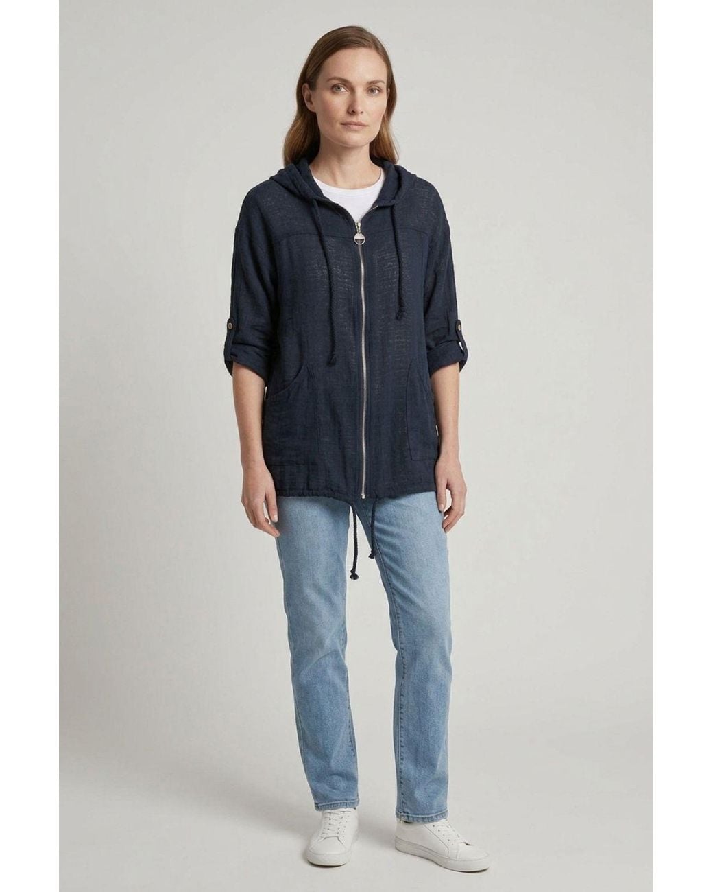 Izabel London Blue 3/4 Sleeve Hooded Zip Front Jacket