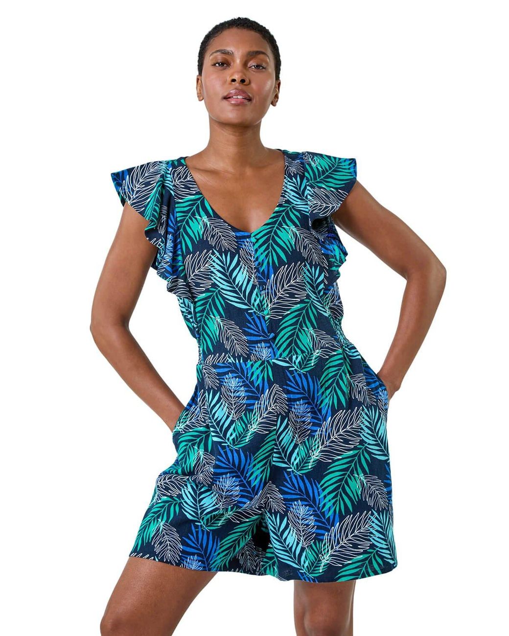 Roman Blue Tropical Leaf Print Playsuit