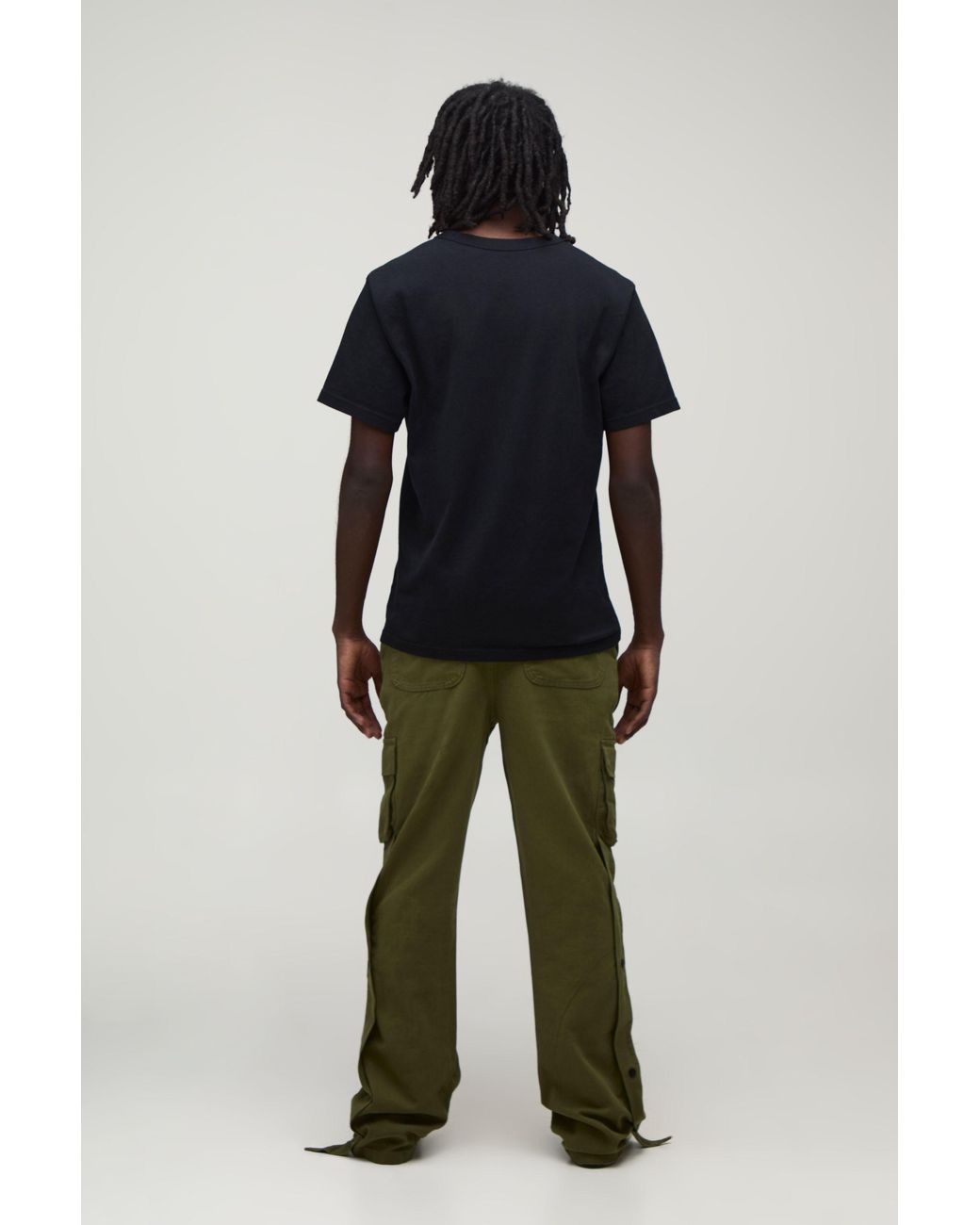 BoohooMAN Green Straight Leg Flare Popper Detail Twill Cargo Trouser for men