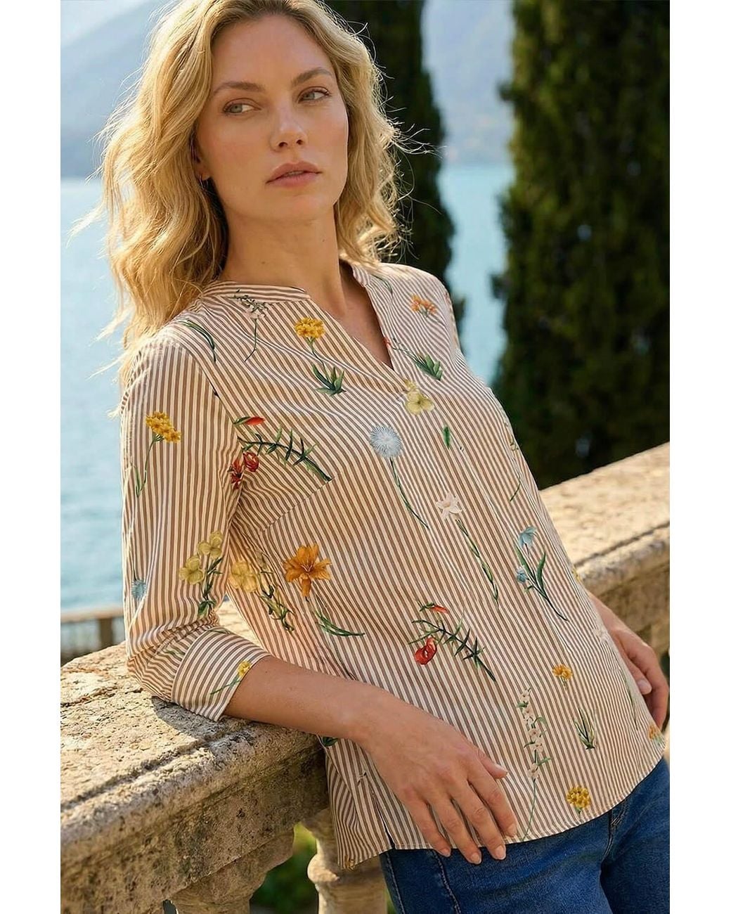 Roman Brown Floral Stripe Pleated Top