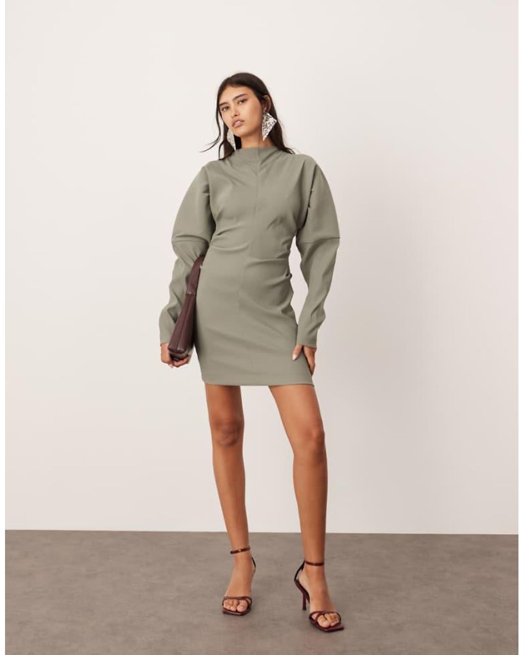 ASOS Natural Structured Sleeve Mini Dress With Pleat Waist