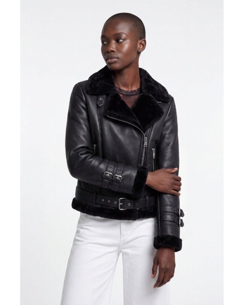 Elle Black Ines Faux-Shearling Biker Jacket