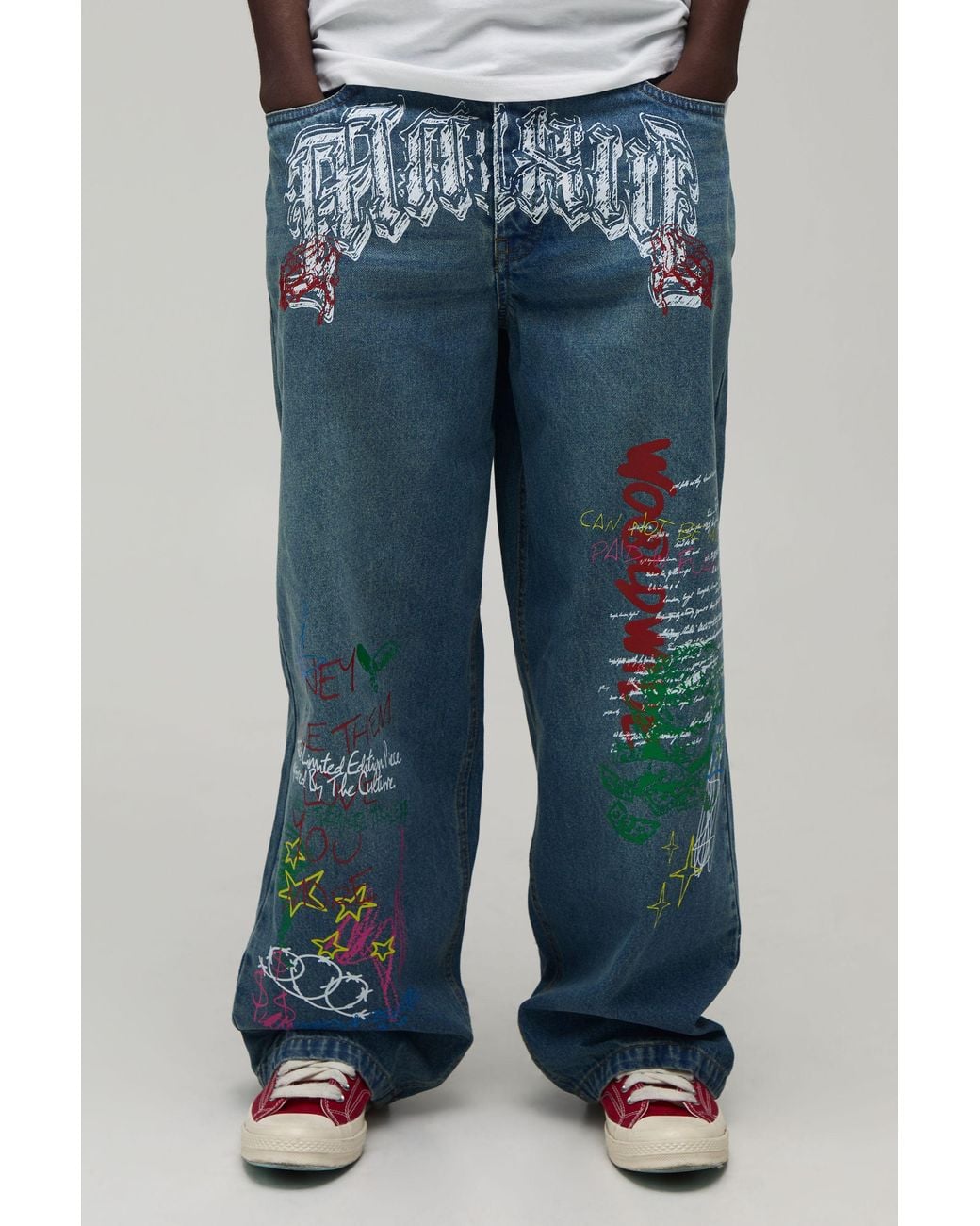 BoohooMAN Blue Antique Wash Graffiti Print Super Baggy Jeans for men