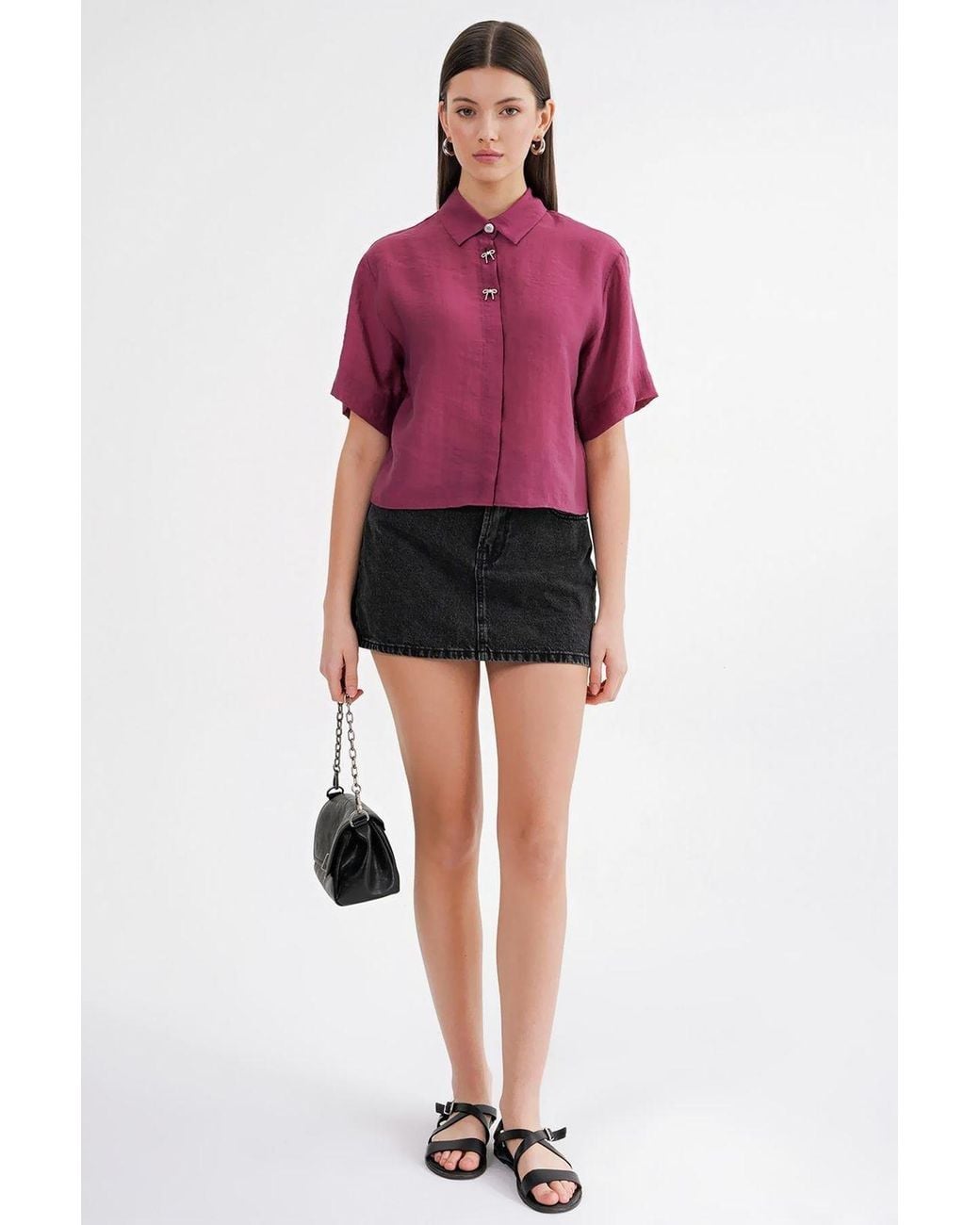 MixRay Red Short Sleeve Crop Shirt With Stone Accessories