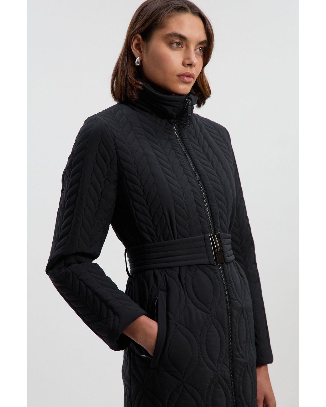 Karen Millen Black Multi Stitch Detail Belted Padded Midi Coat
