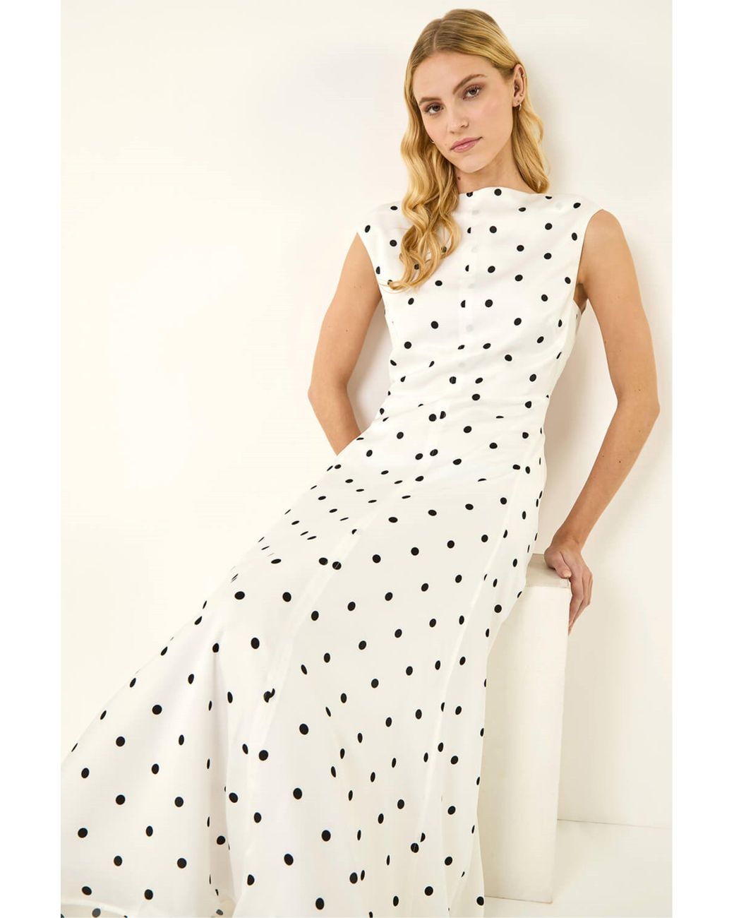Roman Natural Spot Print High Neck Midi Dress