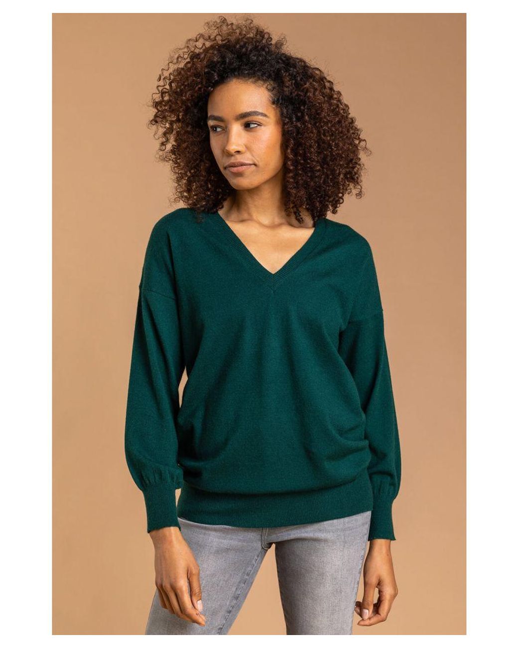 Roman Green Plain V-Neck Stretch Jumper