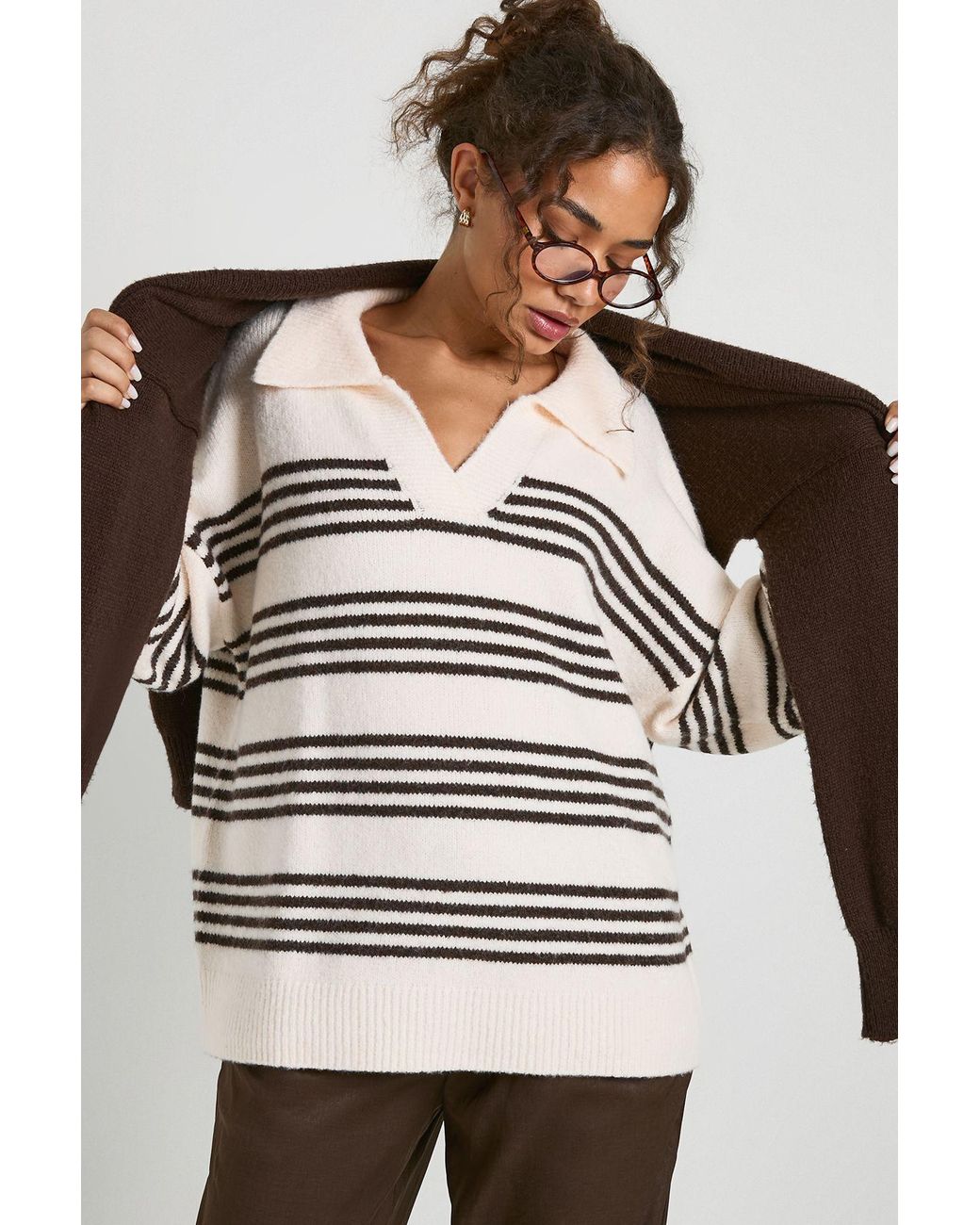 Boohoo Gray Soft Knit Stripe Polo Collar Sweater