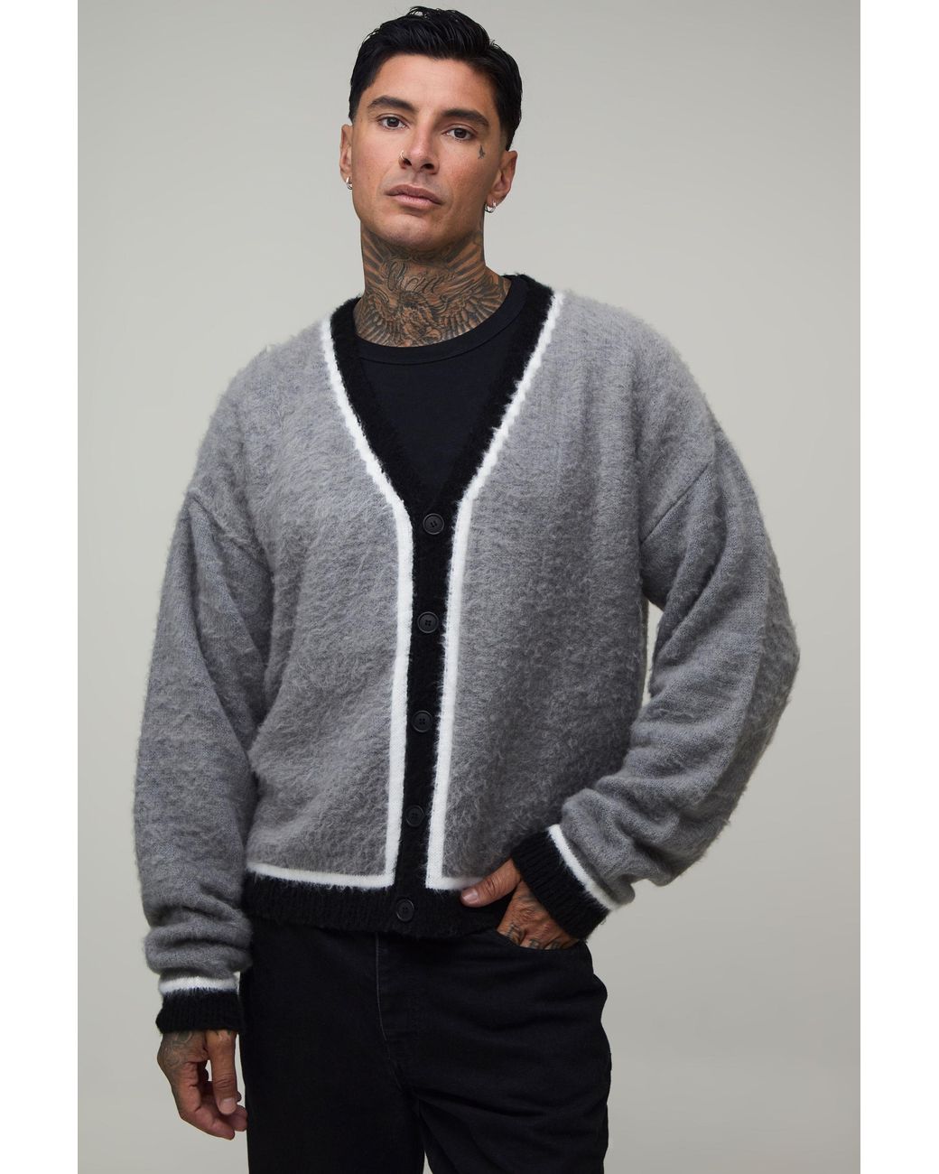 BoohooMAN Gray Tall Relaxed Boxy Contrast Brushed Knitted Cardigan for men