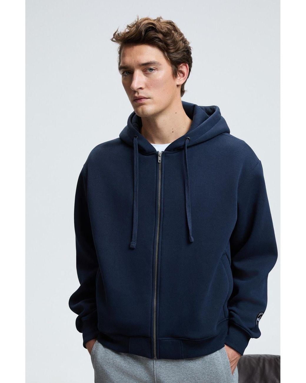 Grimelange Blue Oversized Hooded Zip Sweatshirt for men