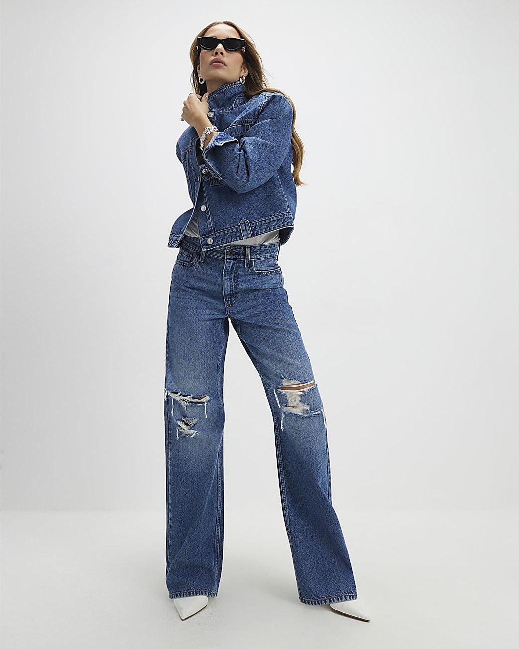 River Island Blue Straight Jeans Relaxed Ripped Cotton