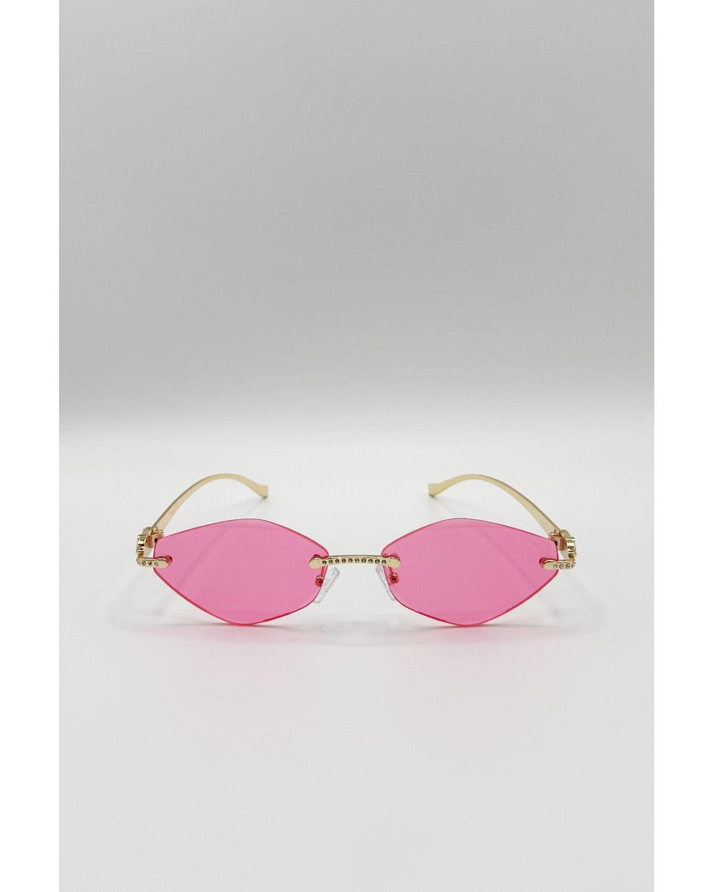 SVNX Pink Rimless Oval Geo Metal Sunglasses