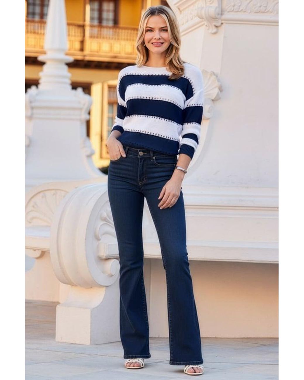 Sosandar Blue Stripe Stitch Detail Jumper