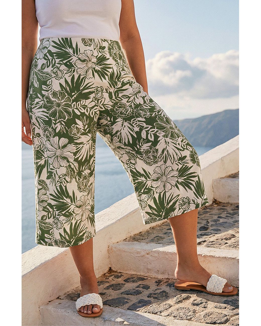 Roman Blue Curve Floral Print Culottes