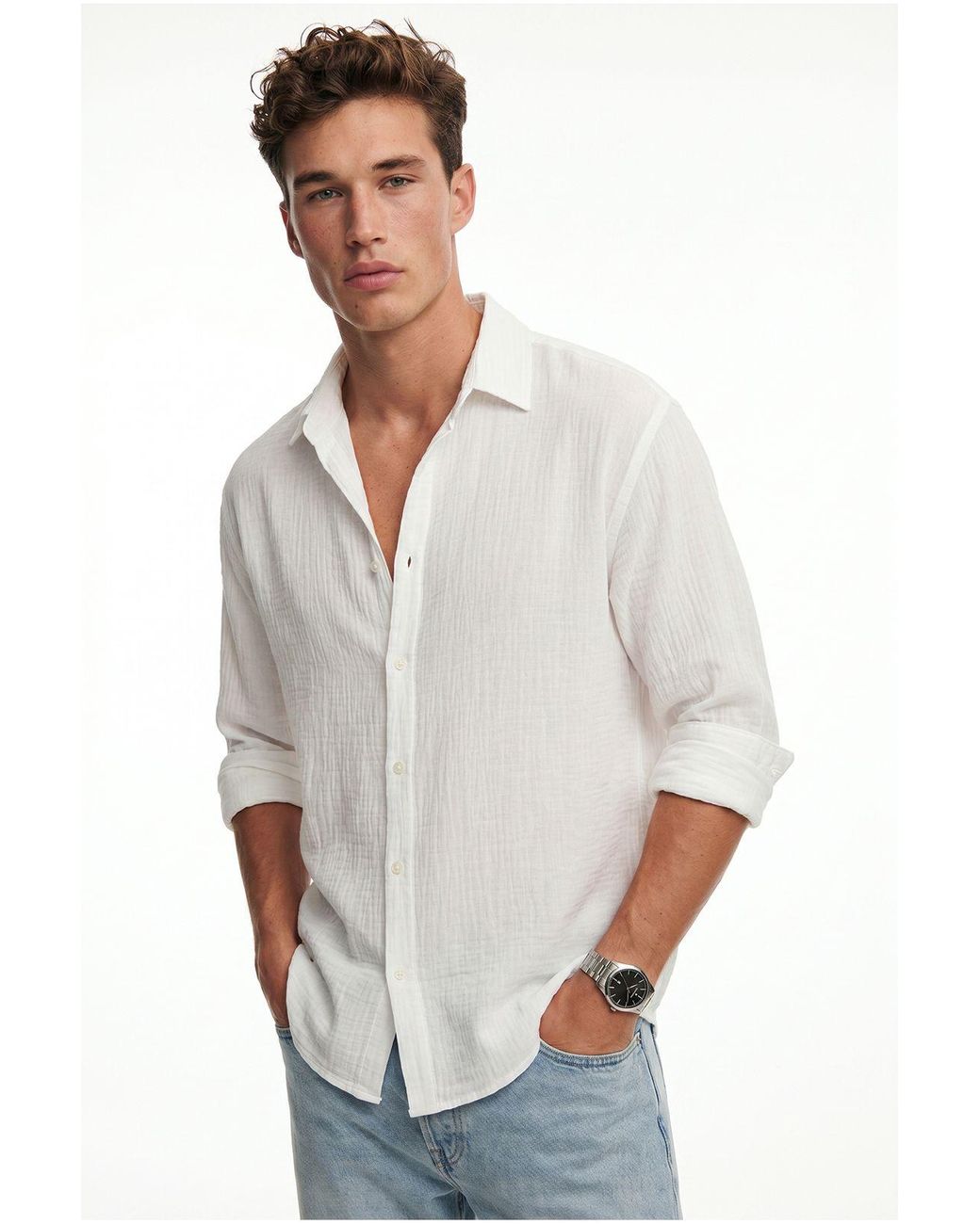 Bianco Lucci White Oversized Textured Button-Front Shirt