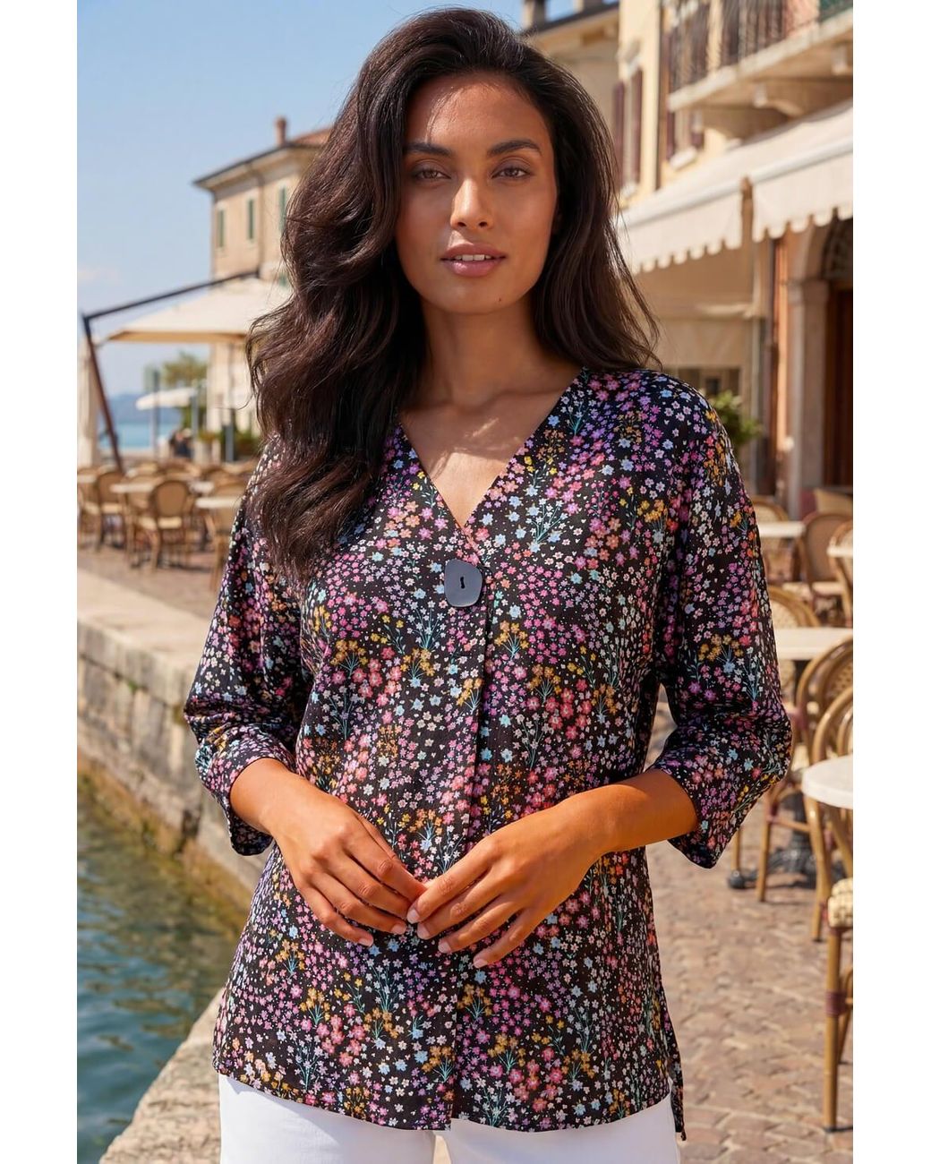Roman Black Ditsy Floral V-Neck Kimono Top
