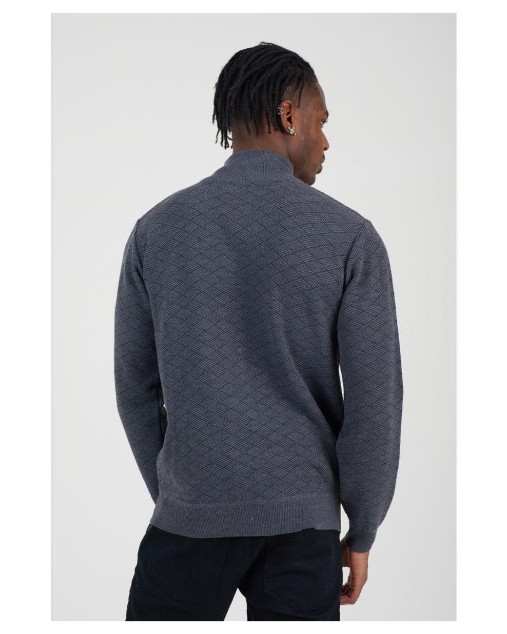 Brave Soul Blue Quarter Zip Funnel Neck Textured Knit Jumper for men