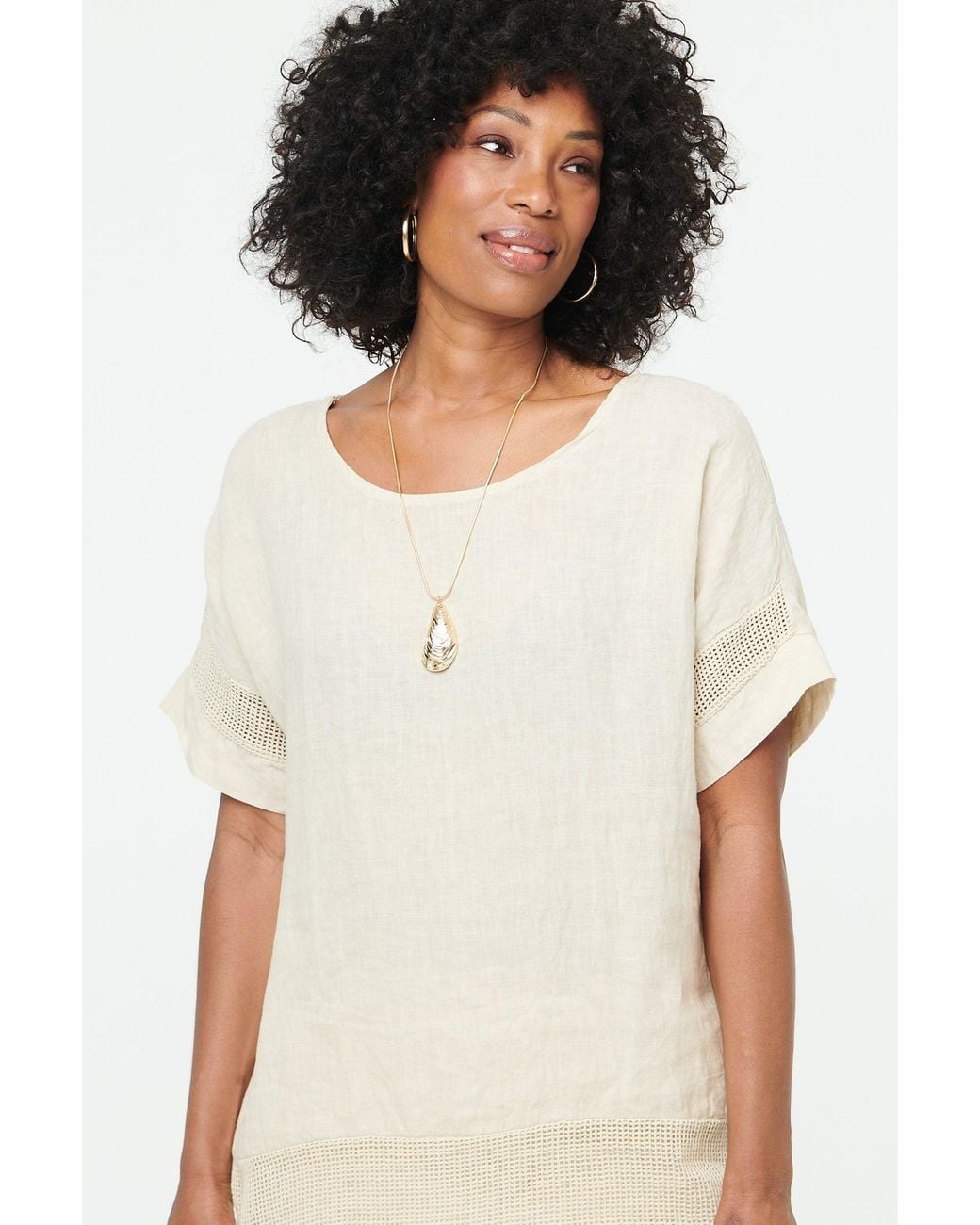 Izabel London White Relaxed Mesh Trim 1/2 Sleeve Top