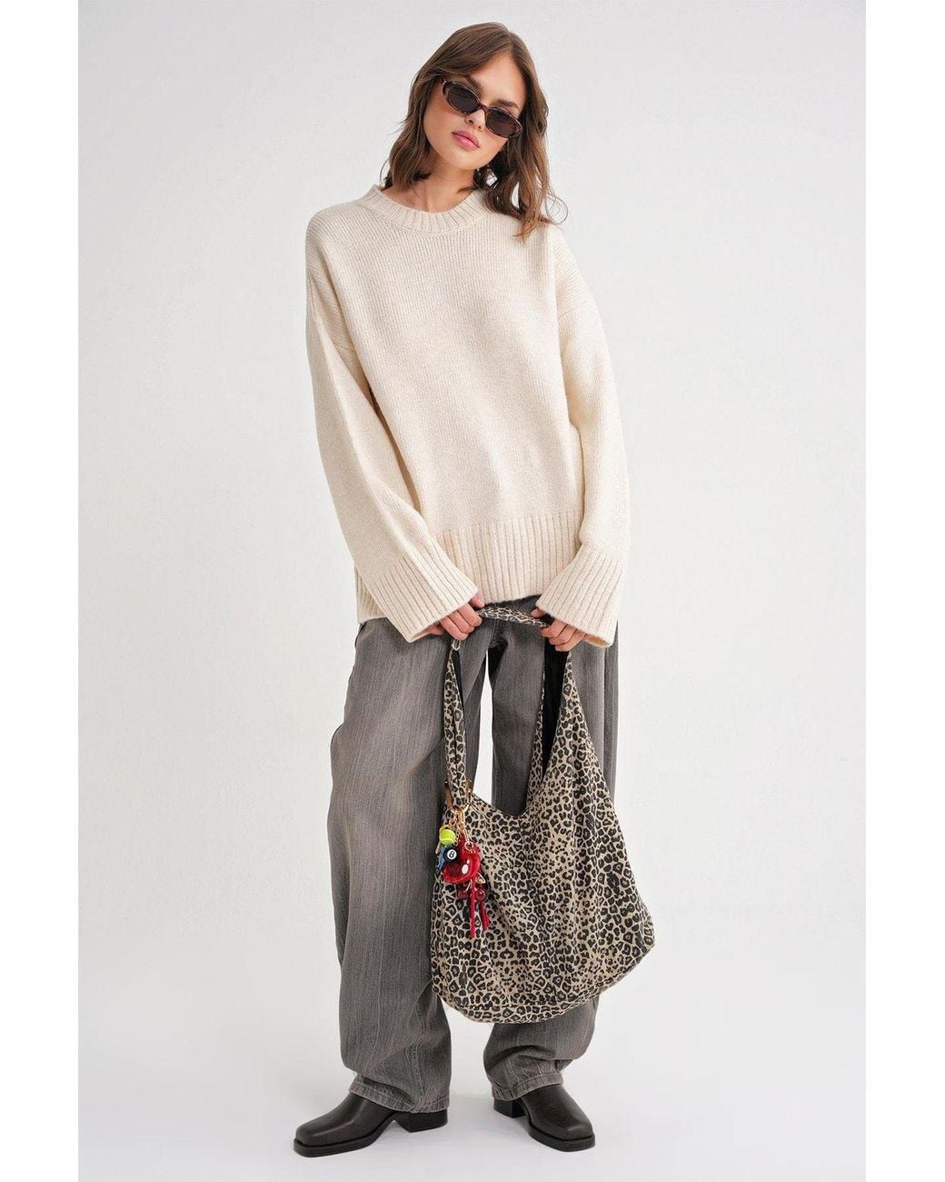 MixRay Natural Oversized Ribbed Knit Sweater With Crew Neck