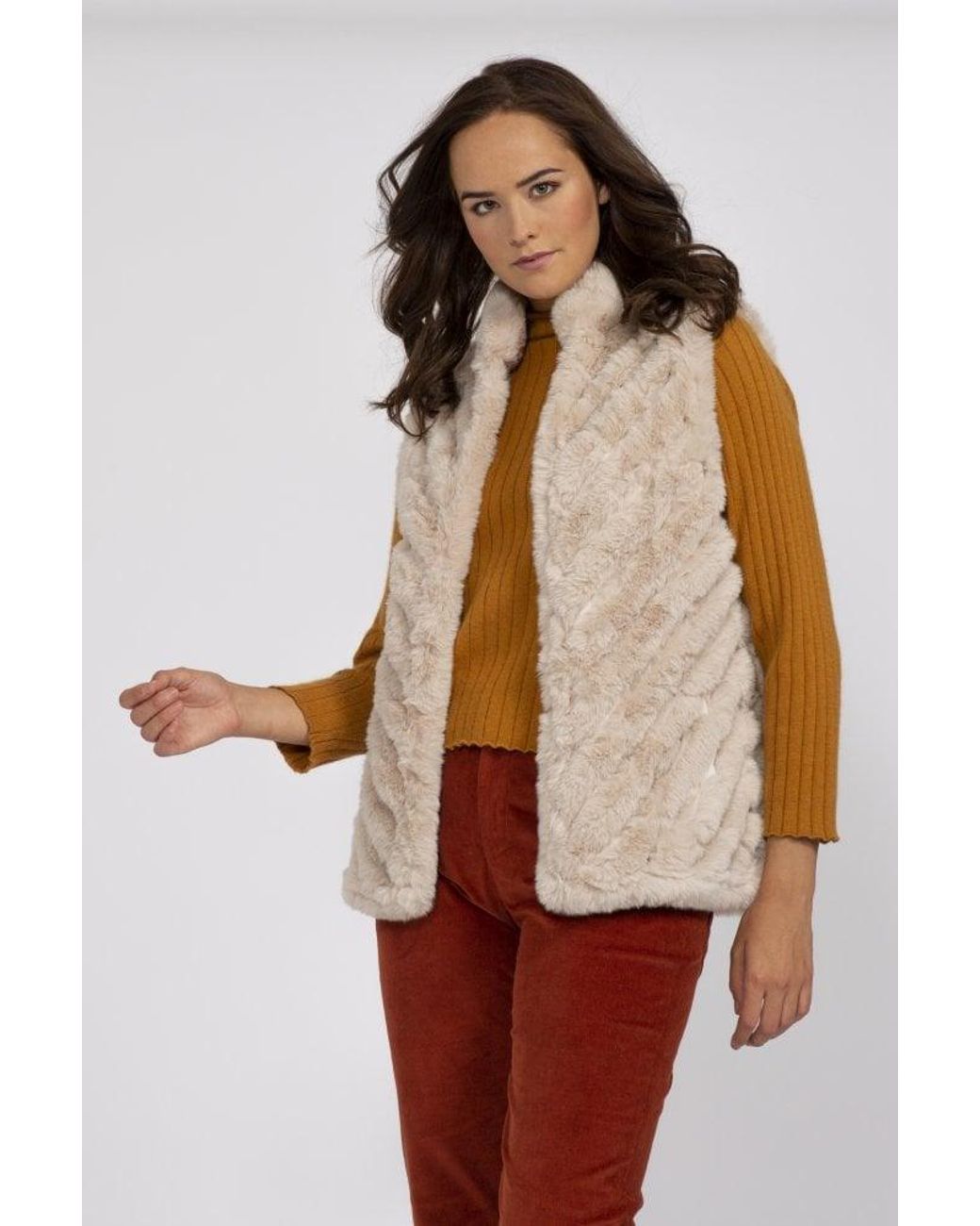 Jayley Natural Faux Fur Suede Diagonal Stripe Gilet