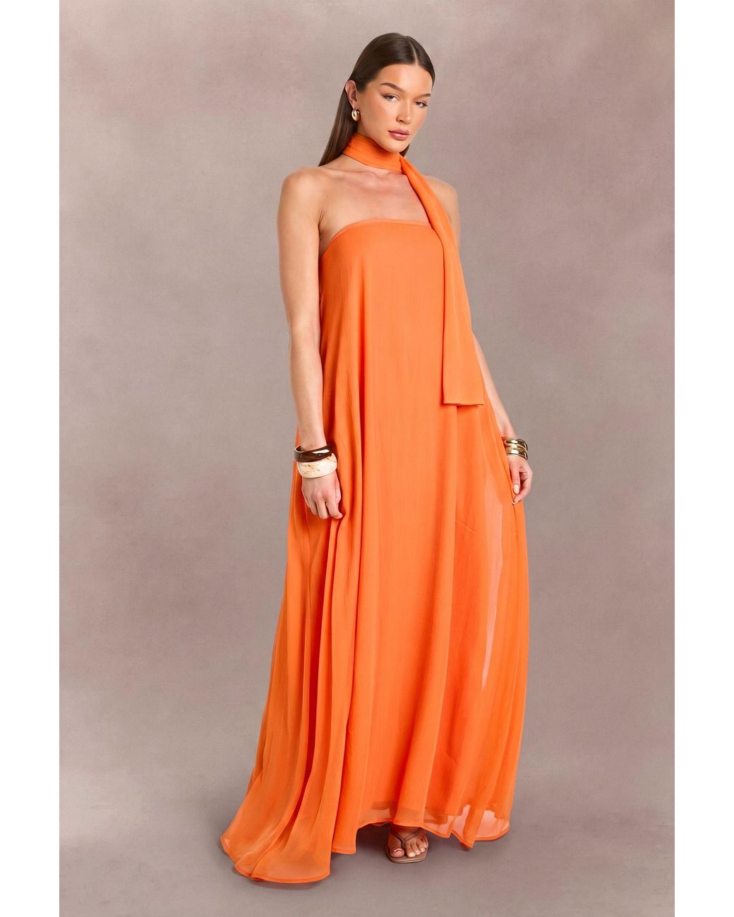 Boohoo Orange Scarf Detail Trapeze Floor Sweeping Maxi Dress