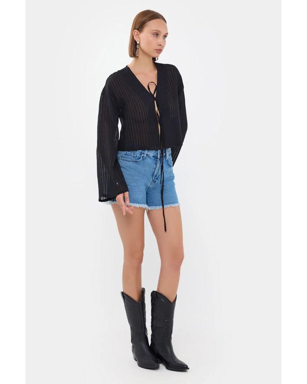 Hiccup Blue Striped Mesh V-Neck Blouse With Tie-Front