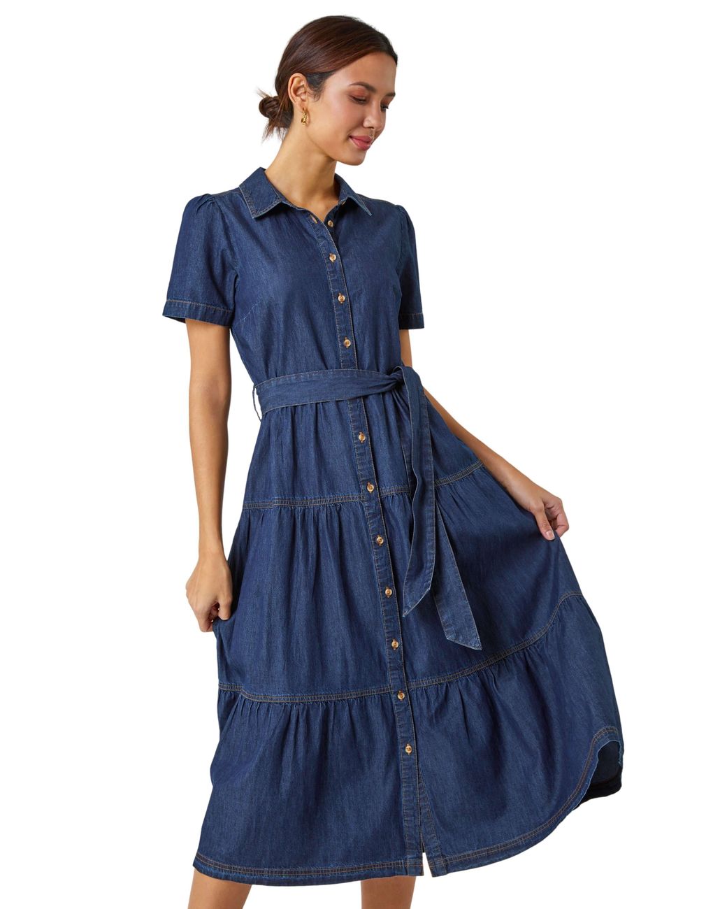 Roman Blue Denim Tiered Cotton Midi Dress