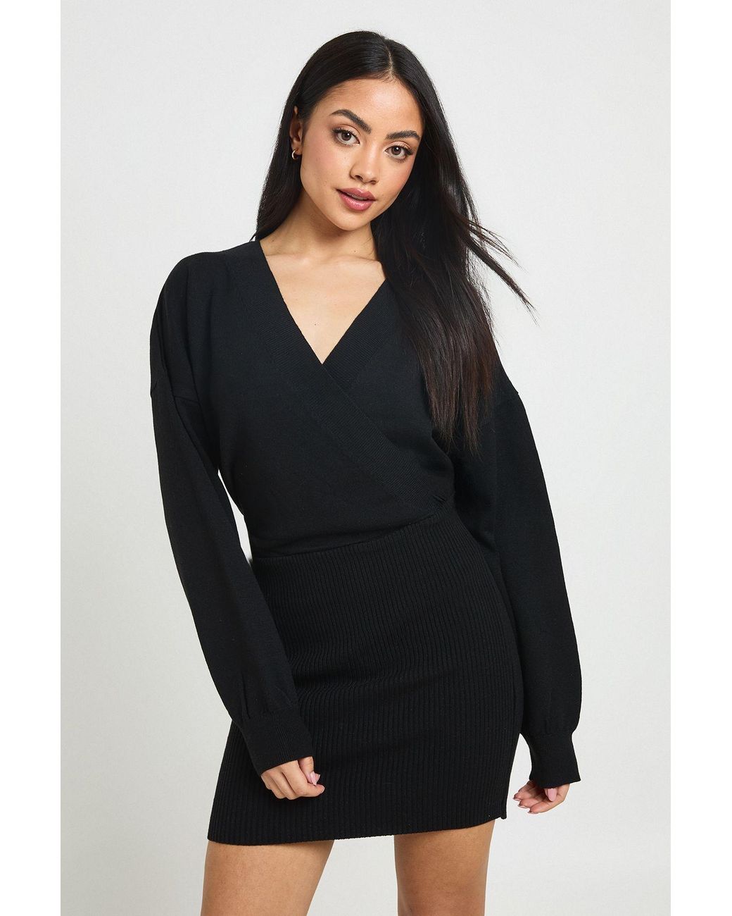 Boohoo Black Wrap Front Mini Dress