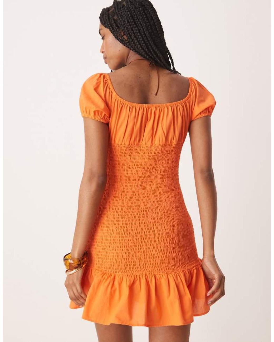 ASOS Orange Bardot Tie Front Shirred Mini Dress