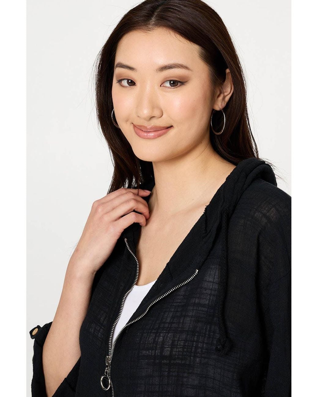 Izabel London Black 3/4 Sleeve Hooded Zip Front Jacket