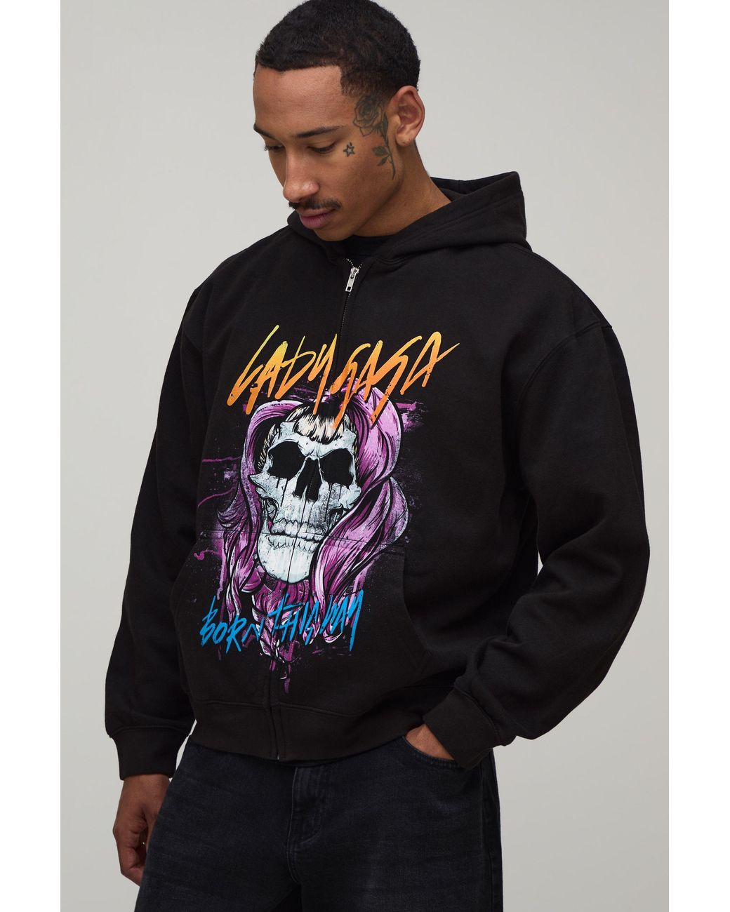 BoohooMAN Black Oversized Boxy Lady Gaga License Printed Zip Through Hoodie Cotton for men