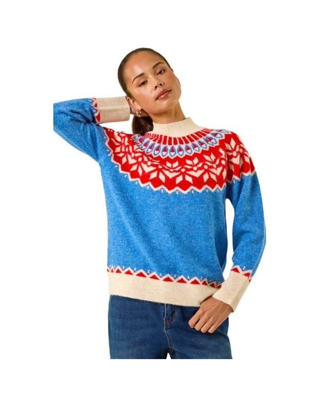 Roman Blue Petite Fairisle High Neck Knit Jumper