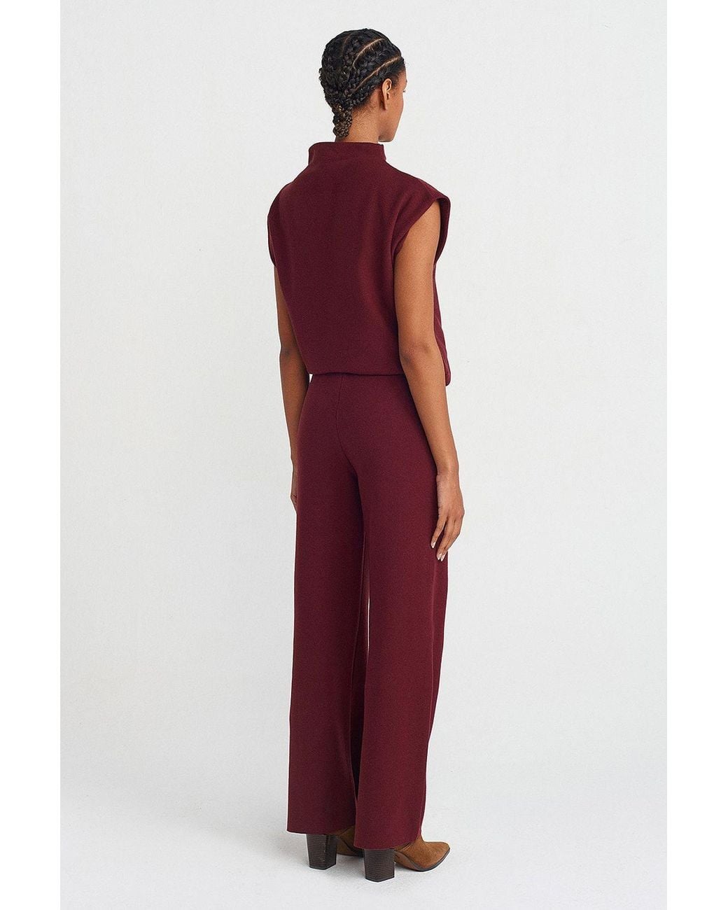 Dilvin Red High-Waist Wide-Leg Knit Trousers
