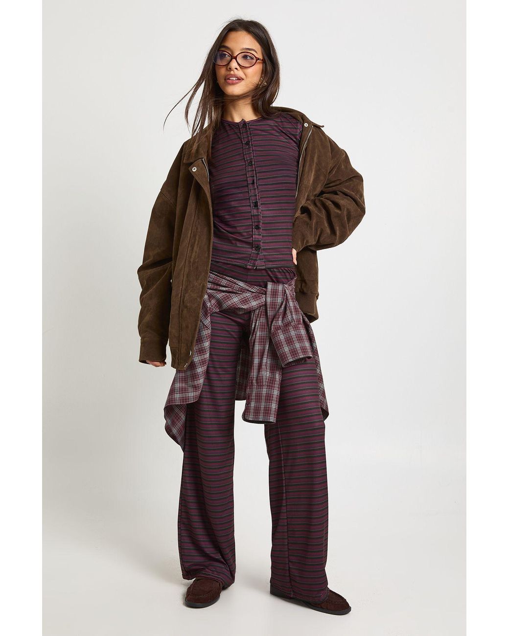 Boohoo Red Stripe Button Through Long Sleeve Top & Trouser Co Ord