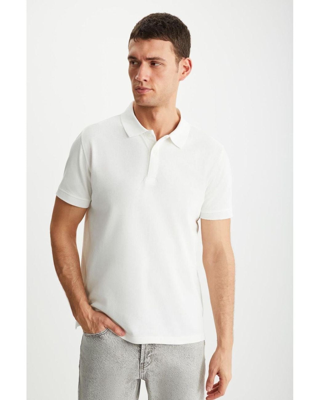 Grimelange White Polo Collar Button T-Shirt for men