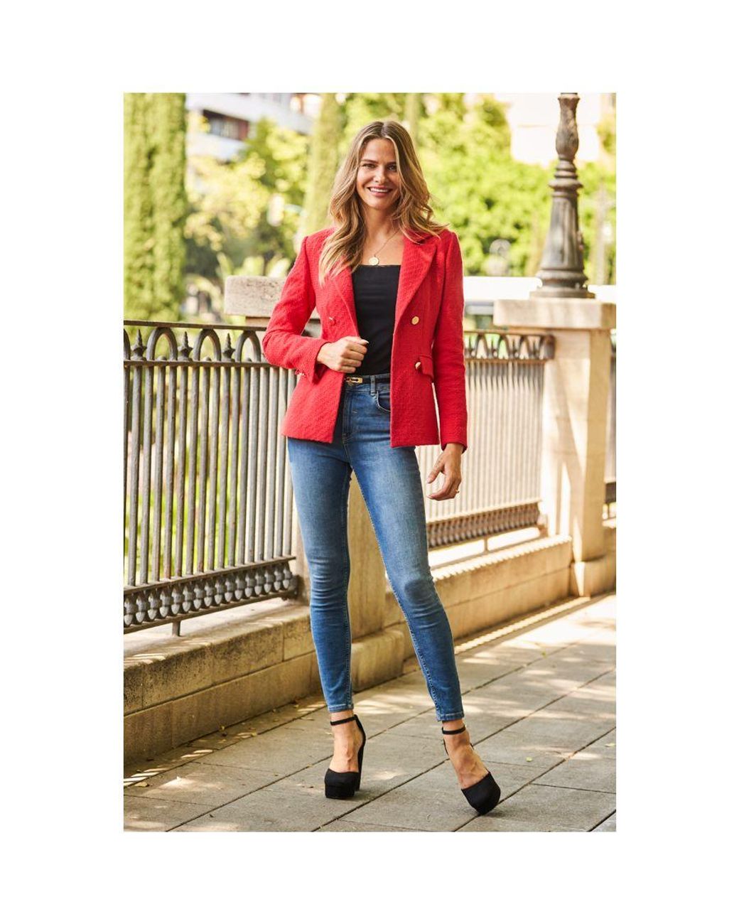 Sosandar Red Boucle Tuxedo Blazer Jacket Cotton