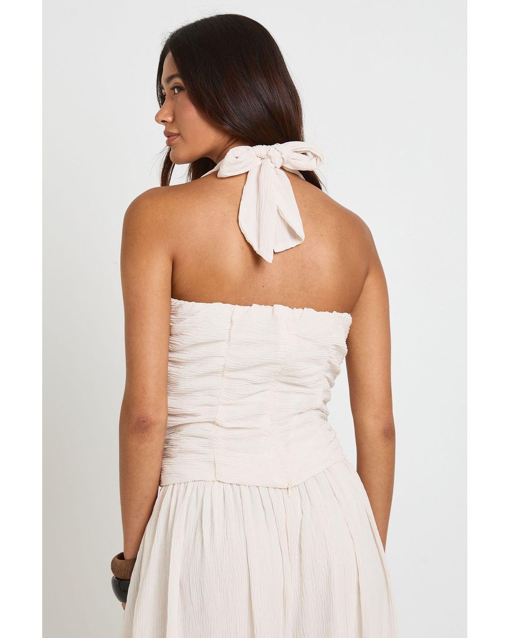 Boohoo Green Textured Pleated Halter Ruched Top
