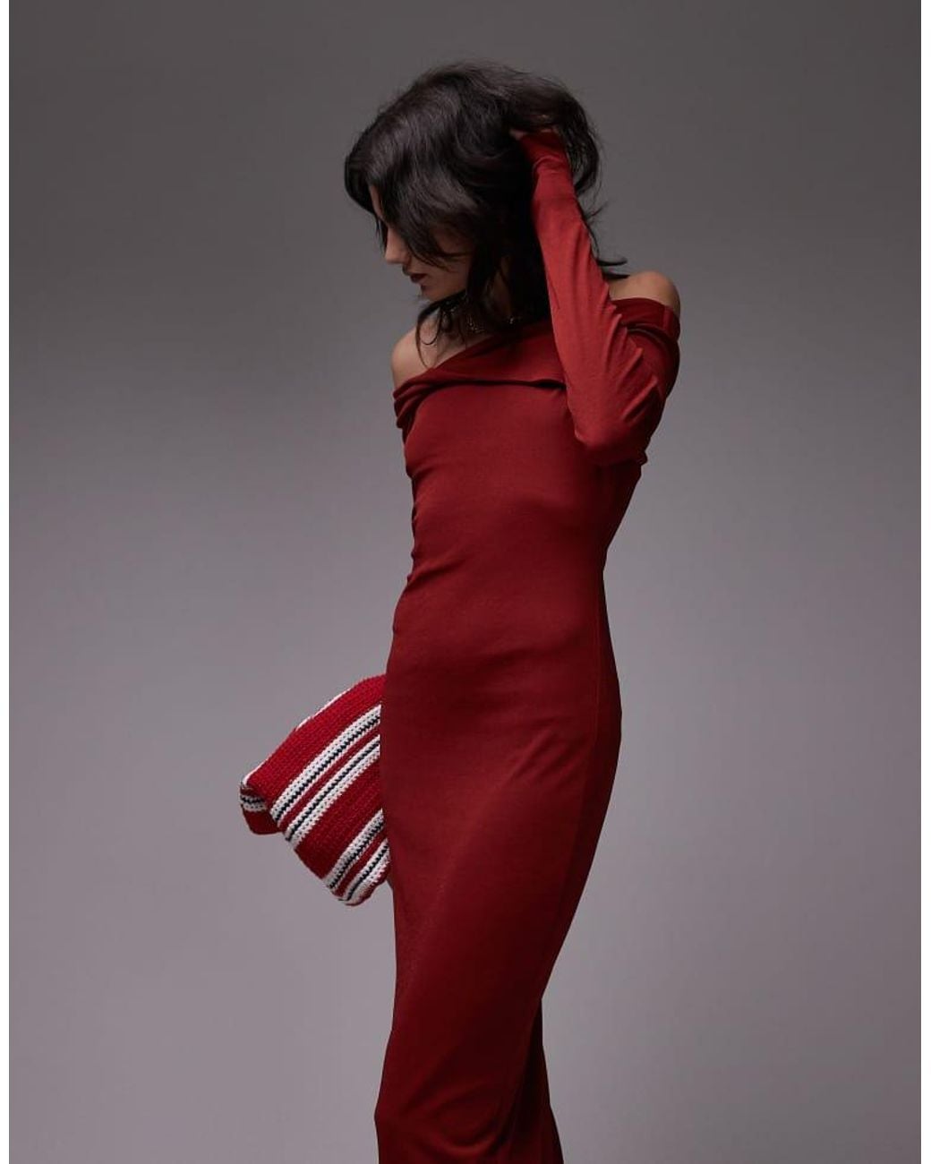 TOPSHOP Red Bardot Twist Detail Long Sleeve Maxi Dress