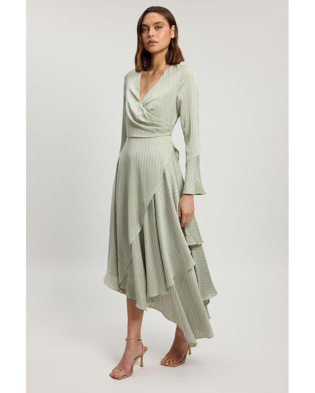 Karen Millen Green Hammered Satin With Lace Trim Long Sleeve Hanky Hem Dress