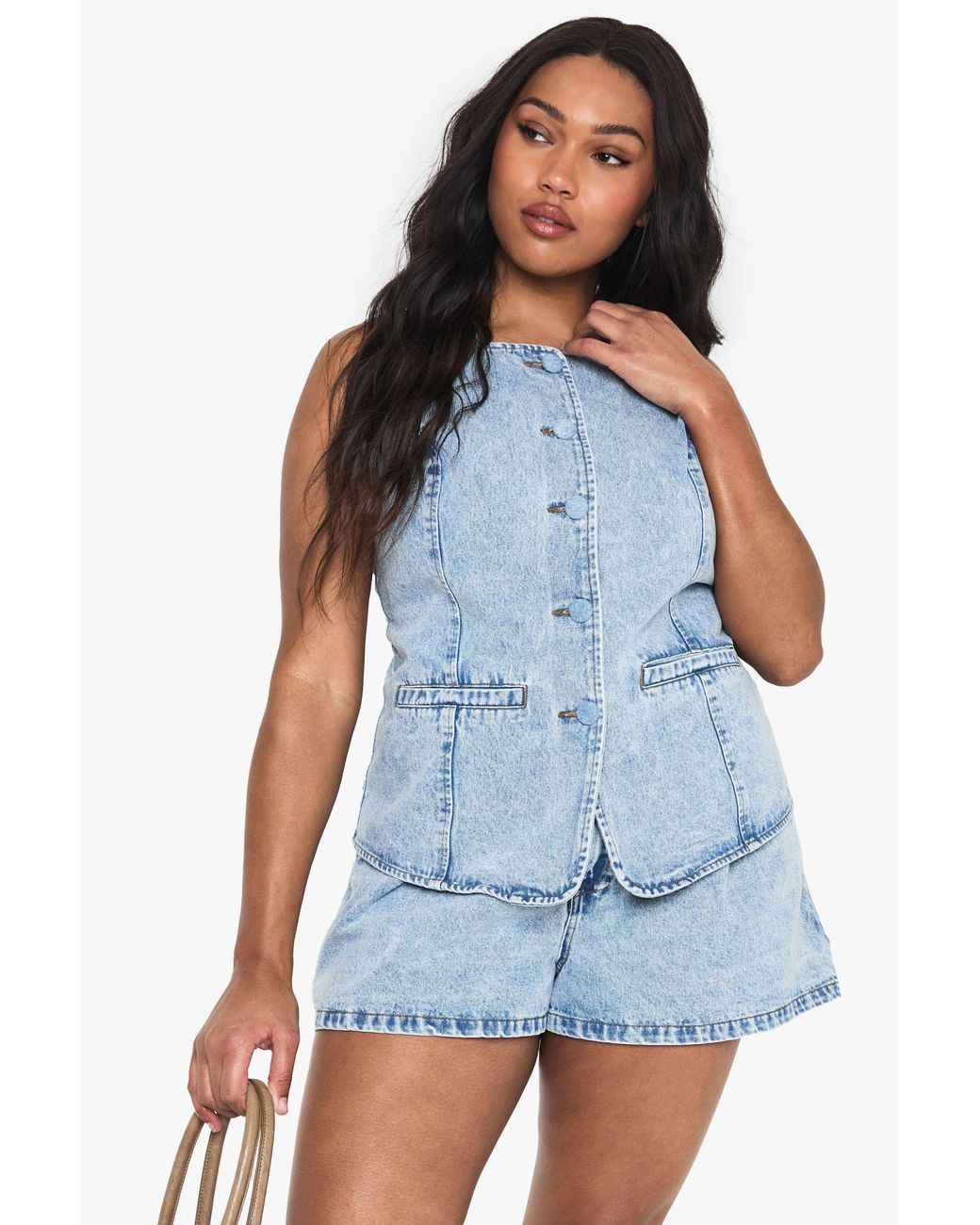 Boohoo Blue Plus Denim Self Fabric Button Waistcoat