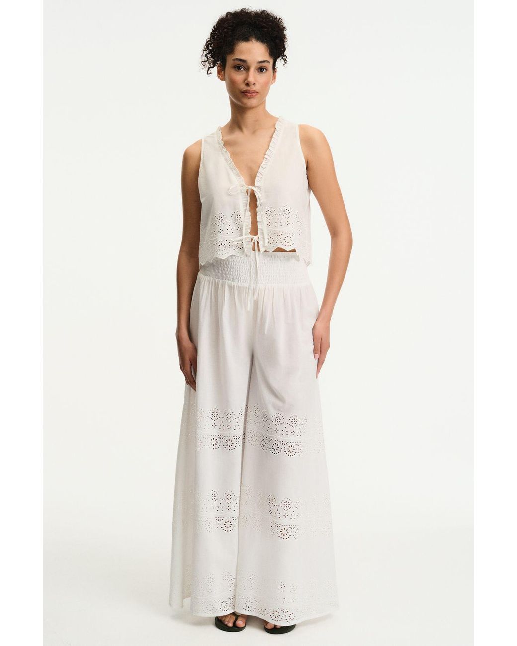 Penti White Embroidered Cotton V-Neck Tie Blouse