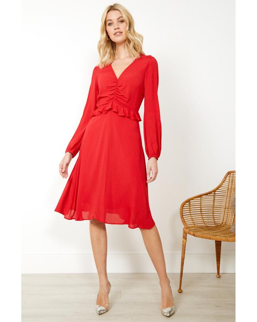Sosandar Red V Neck Ruffle Detail Fit & Flare Dress