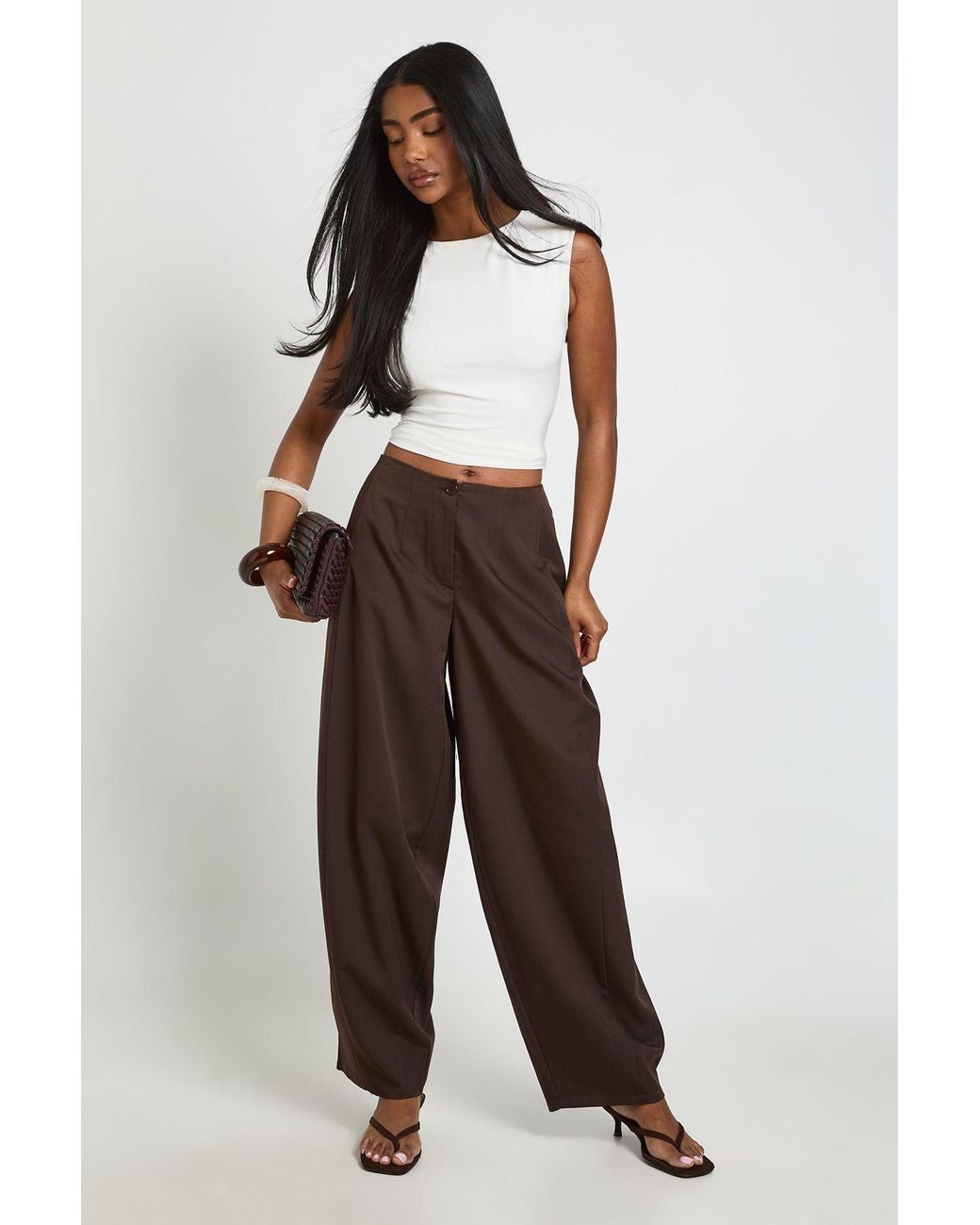 Boohoo Brown Pleated Barrel Leg Tailored Trousers